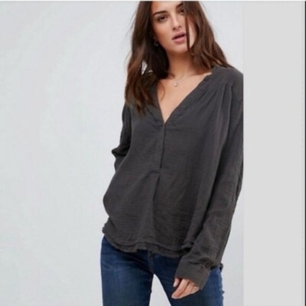 Free People Gauze Top Changing Horizons Shirt Long Sleeve Small Fray